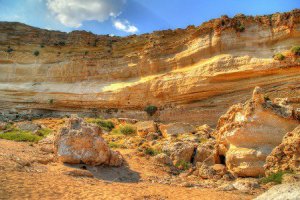 Beautifully eroded cliffs line a beach in Rhodes, Greece