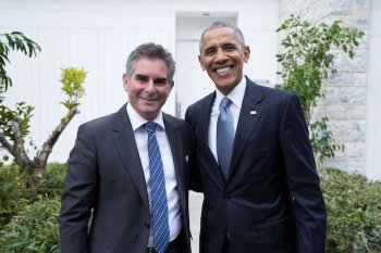 President Barack Obama is greeted by Polychronis Griveas, CEO of Astir Palace, upon arrival at Arion Resort in Athens, Greece, Nov. 15, 2016. (Official White House Photo by Pete Souza)