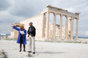 President Barack Obama visits the Erechtheion, a temple dedicated to both Athena and Poseidon, during a tour of the Acropolis in Athens, Greece, Nov. 16, 2016. Dr. Eleni Banou, Director, Ephorate of Antiquities for Athens, Ministry of Culture, leads the tour. (Official White House Photo by Pete Souza)